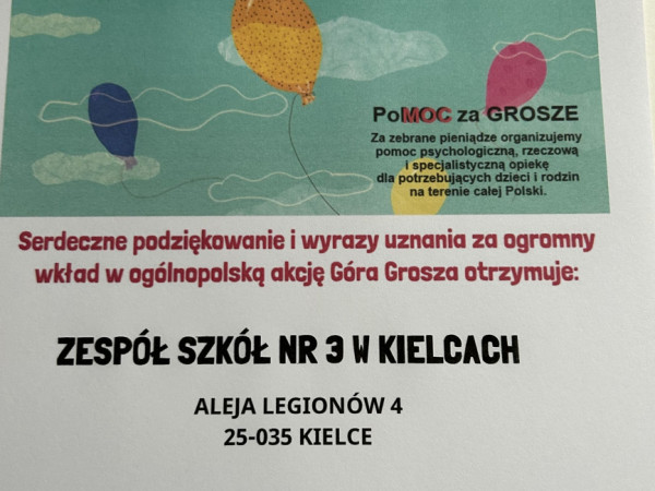 Dyplom z podziękowaniem za udział ZSnr3 w Kielcach w akcji Góra Grosza