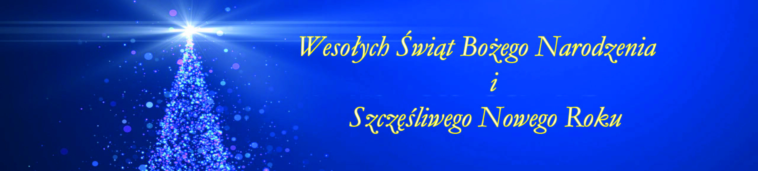 Choinka na niebieskim tle i napis Wesołych Świąt Bożego Narodzenia i Szczęśliwego Nowego Roku