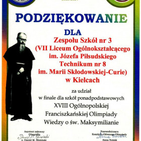 Podziękowanie dla Zespołu Szkół nr 3 w Kielcach