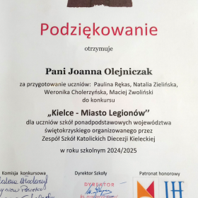 Dyplom , podziękowanie dla nauczyciela historii za przygotowanie uczniów do konkursu