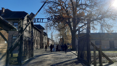 uczniowie wchodzą przez obozową bramę w Oświęcimiu