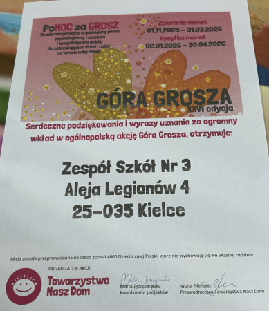 Dyplom z podziękowaniem za udział Szkoły Zespół Szkół nr 3 w Kielcach w XXVI Akcji Góra Grosza